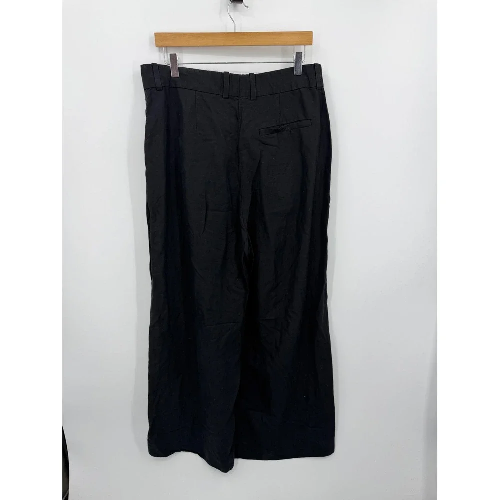 COS Pleated Wide Leg Trousers Women sz 14 Black Linen Blend Minimalist 09928427